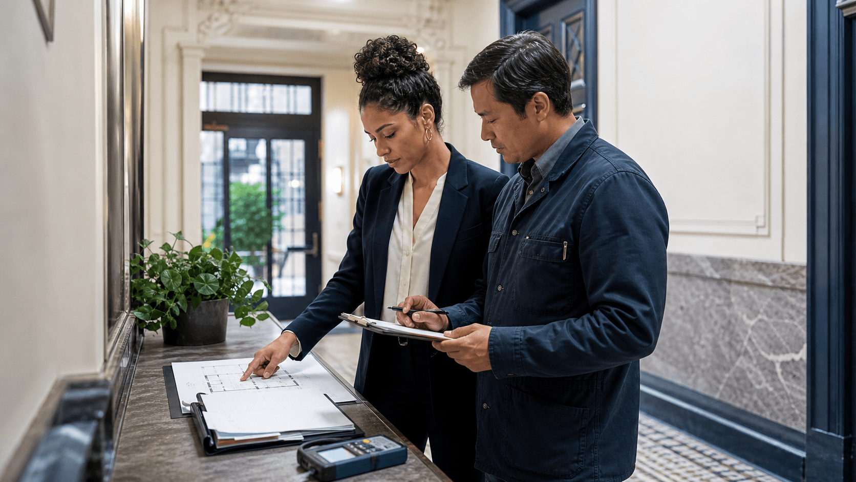 Property manager and independent inspector reviewing a multifamily building plan