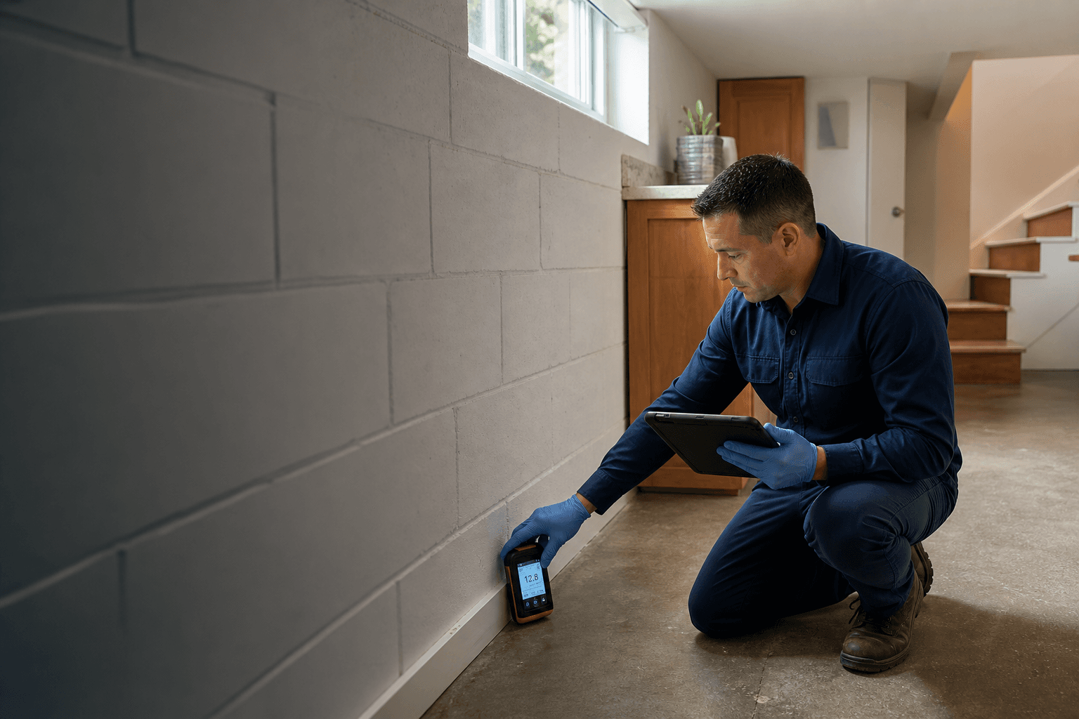 Independent inspector checking a lower-level wall in a Brentwood home