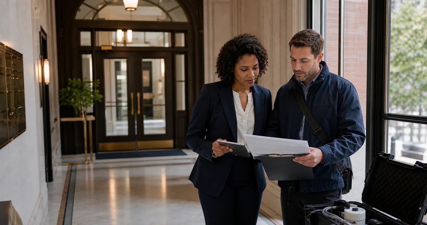 Property manager and independent inspector reviewing a field report in a New York apartment building