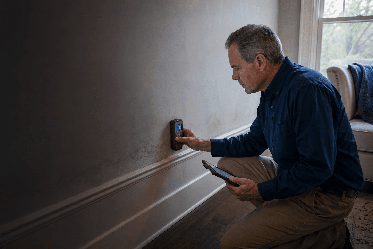 Inspector measuring moisture beside visible staining
