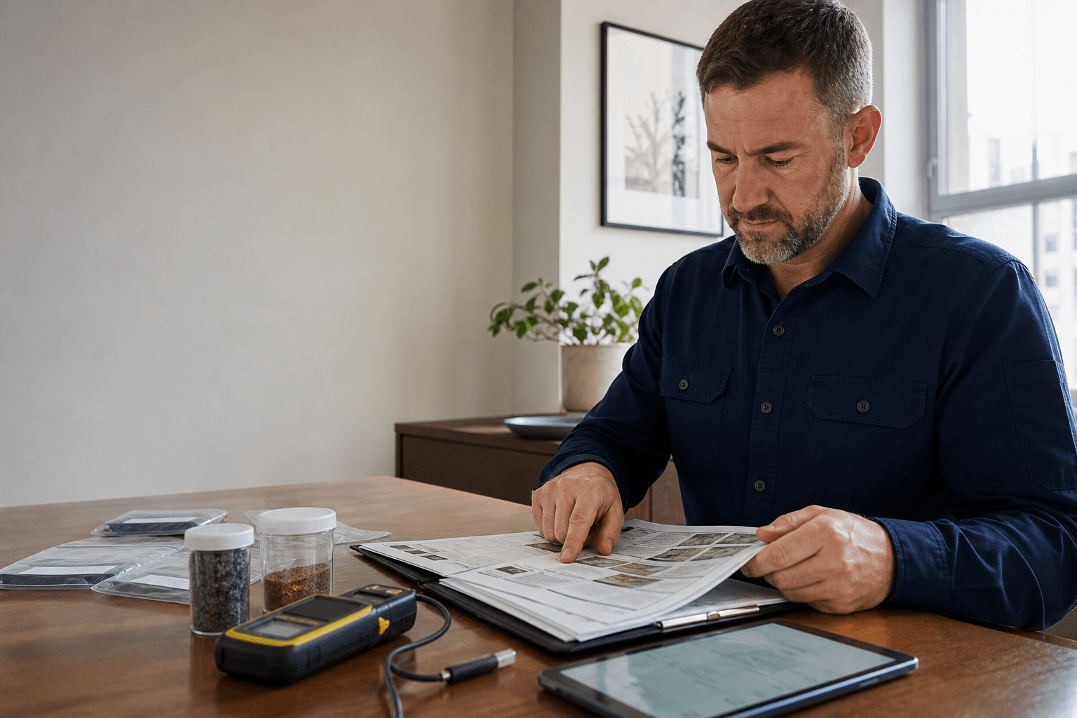 Inspector reviewing project documents and laboratory findings before preparing a filing