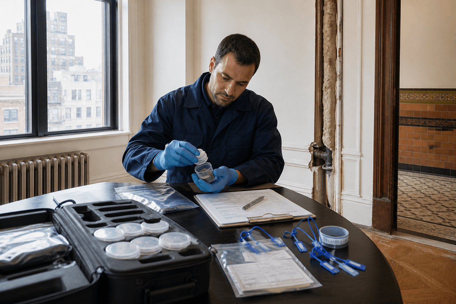 Inspector sealing a controlled asbestos sample and completing chain-of-custody documentation in a New York City apartment