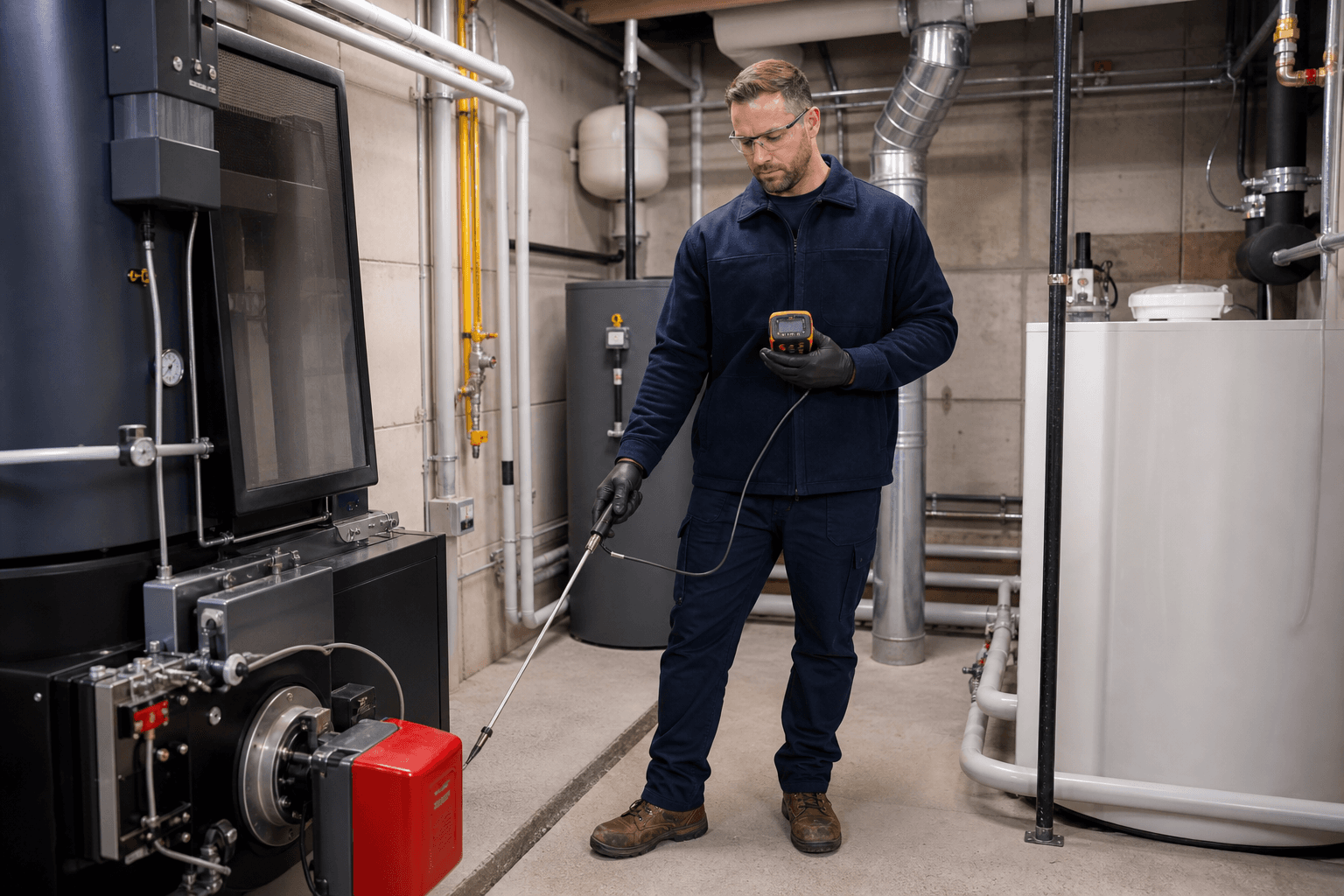 Inspector measuring fixed gases around combustion equipment in a residential mechanical room
