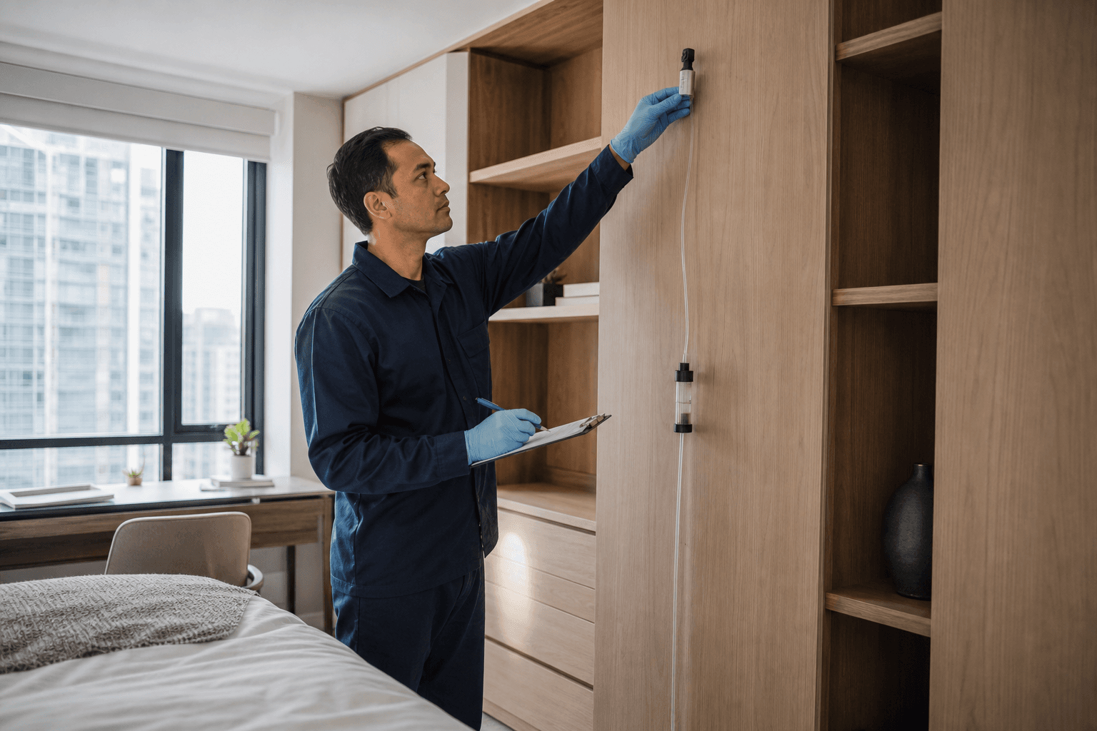 Indoor air specialist positioning a formaldehyde sampling cartridge in a furnished New York apartment