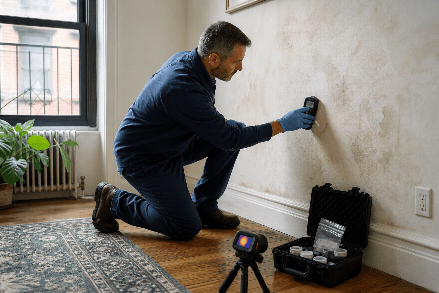 Mold inspector checking a wall with a moisture meter while thermal imaging and sampling tools remain nearby