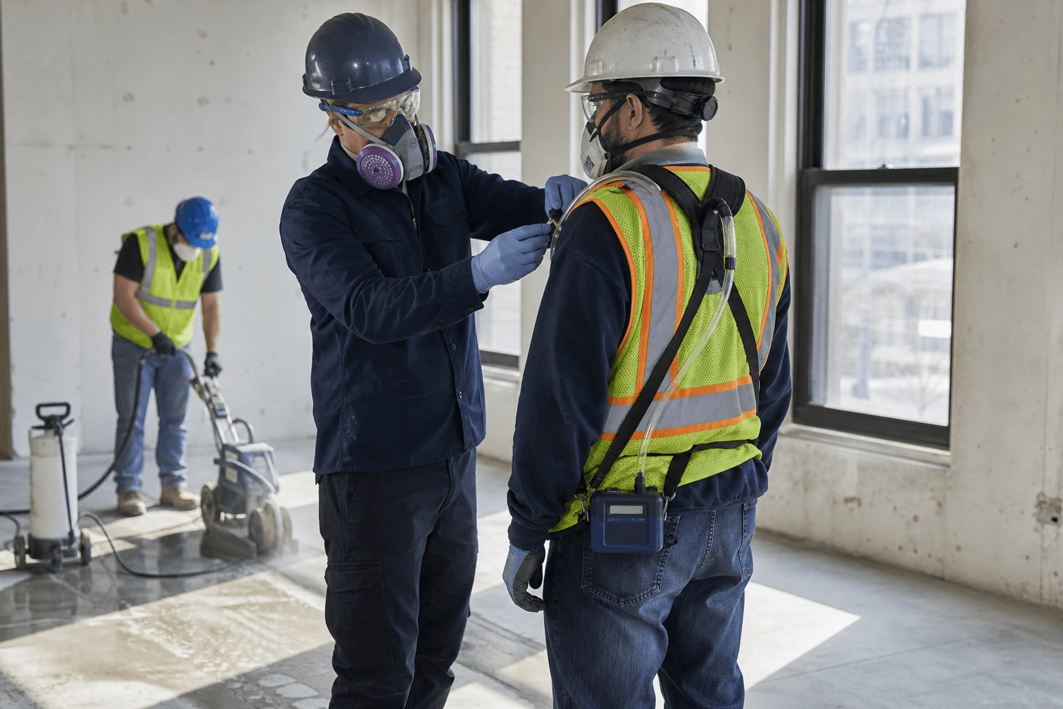 Industrial hygienist fitting a construction worker with a personal respirable silica sampling pump