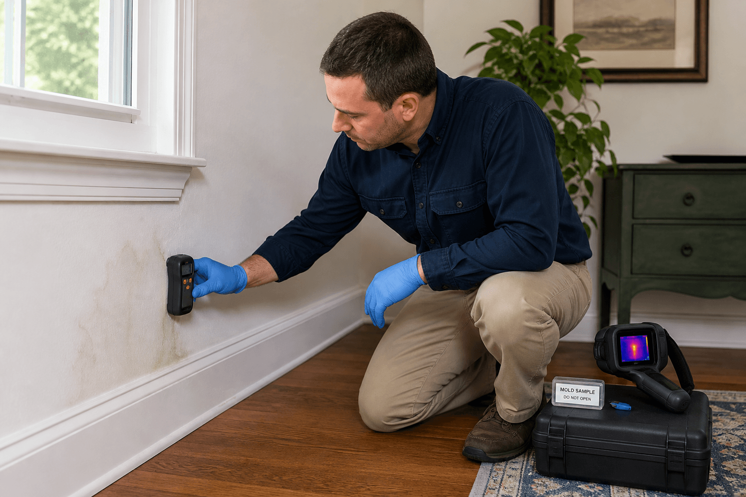 Mold inspector documenting moisture conditions before a remediation scope is prepared