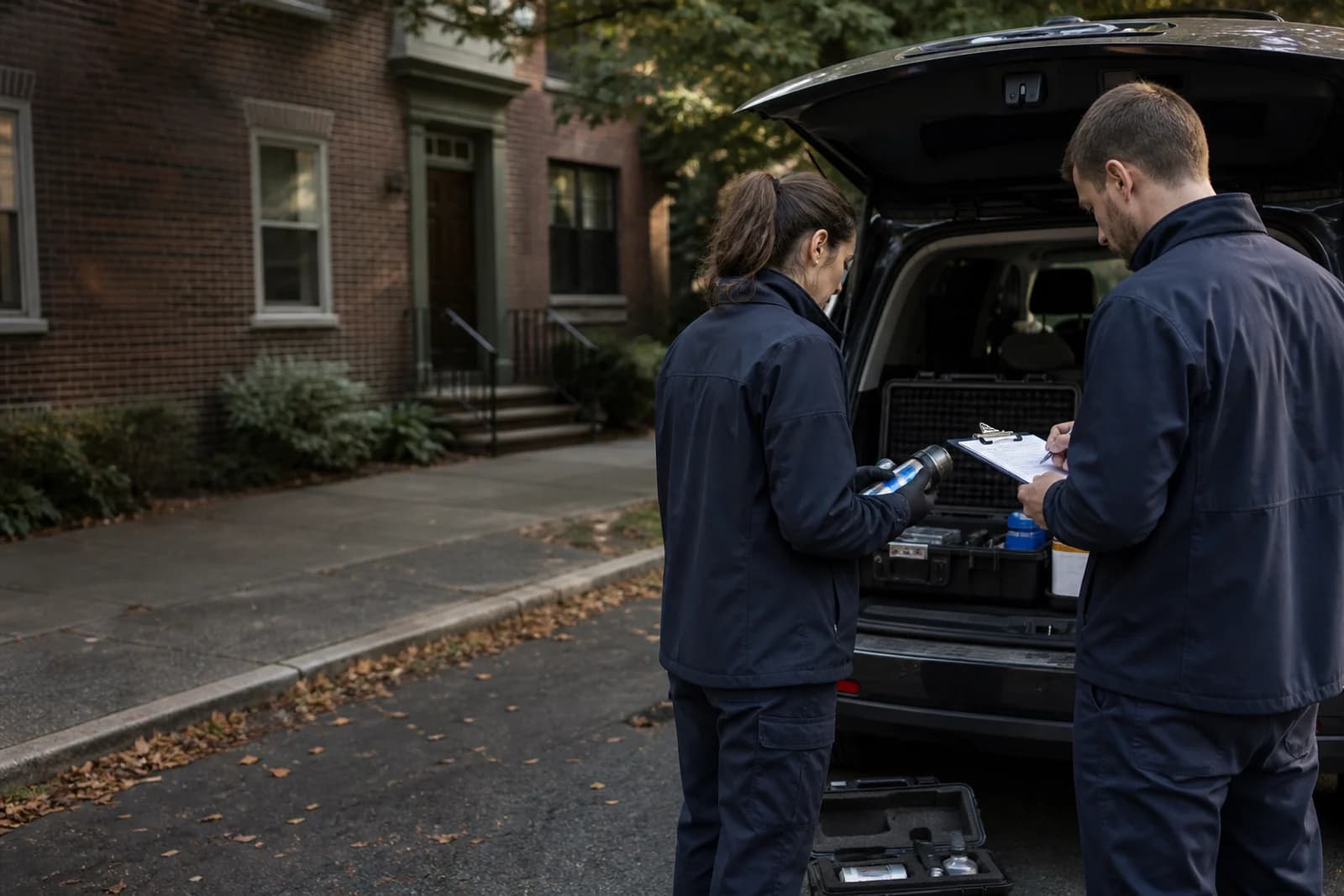 Environmental inspectors preparing field equipment before a New York property assessment