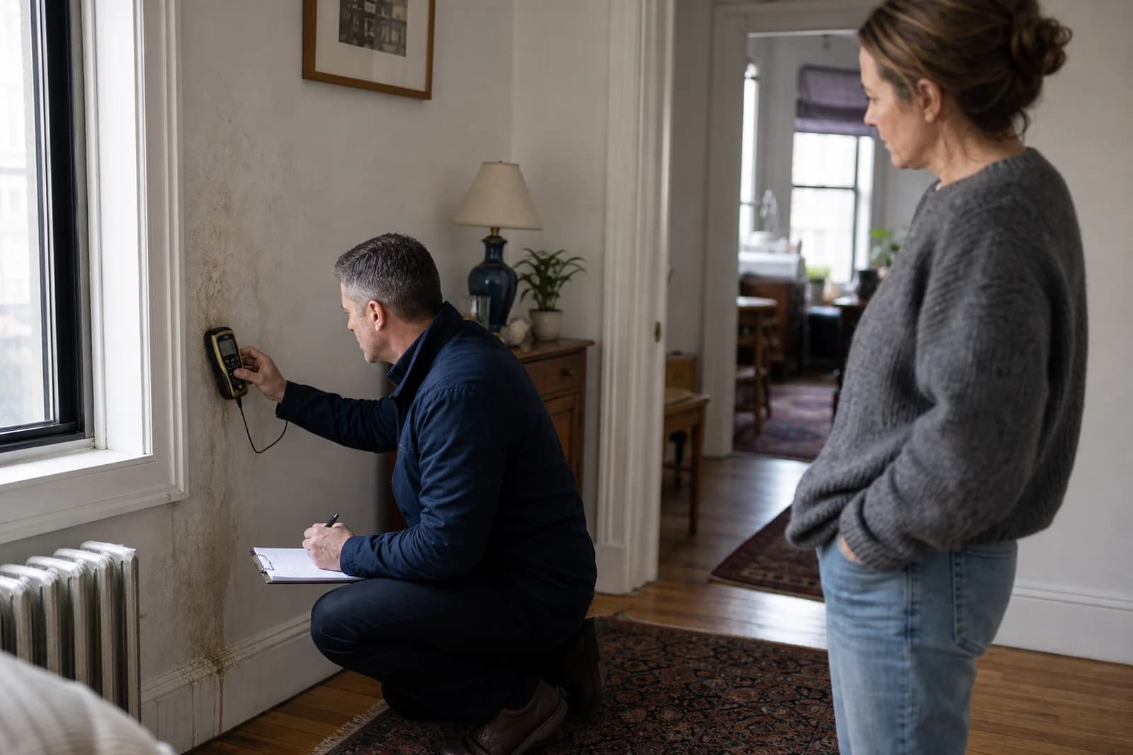 Inspector documenting a moisture reading while a property owner observes
