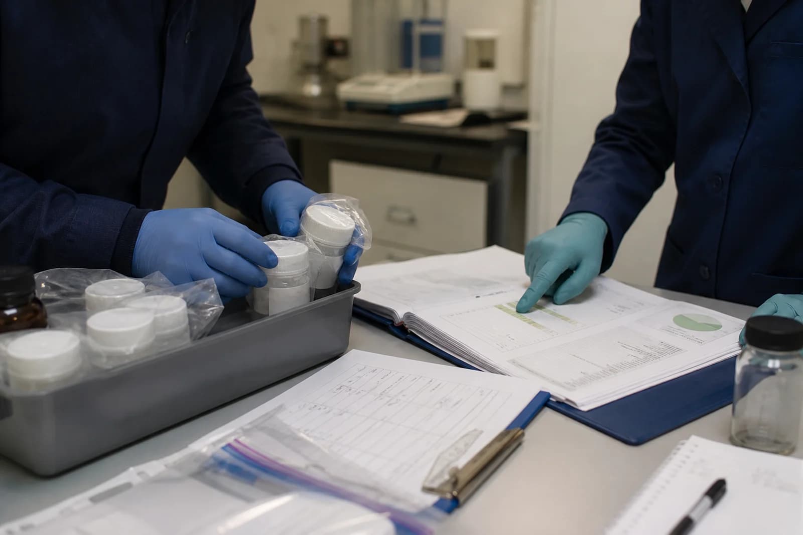 Environmental samples and laboratory findings being reviewed at a worktable