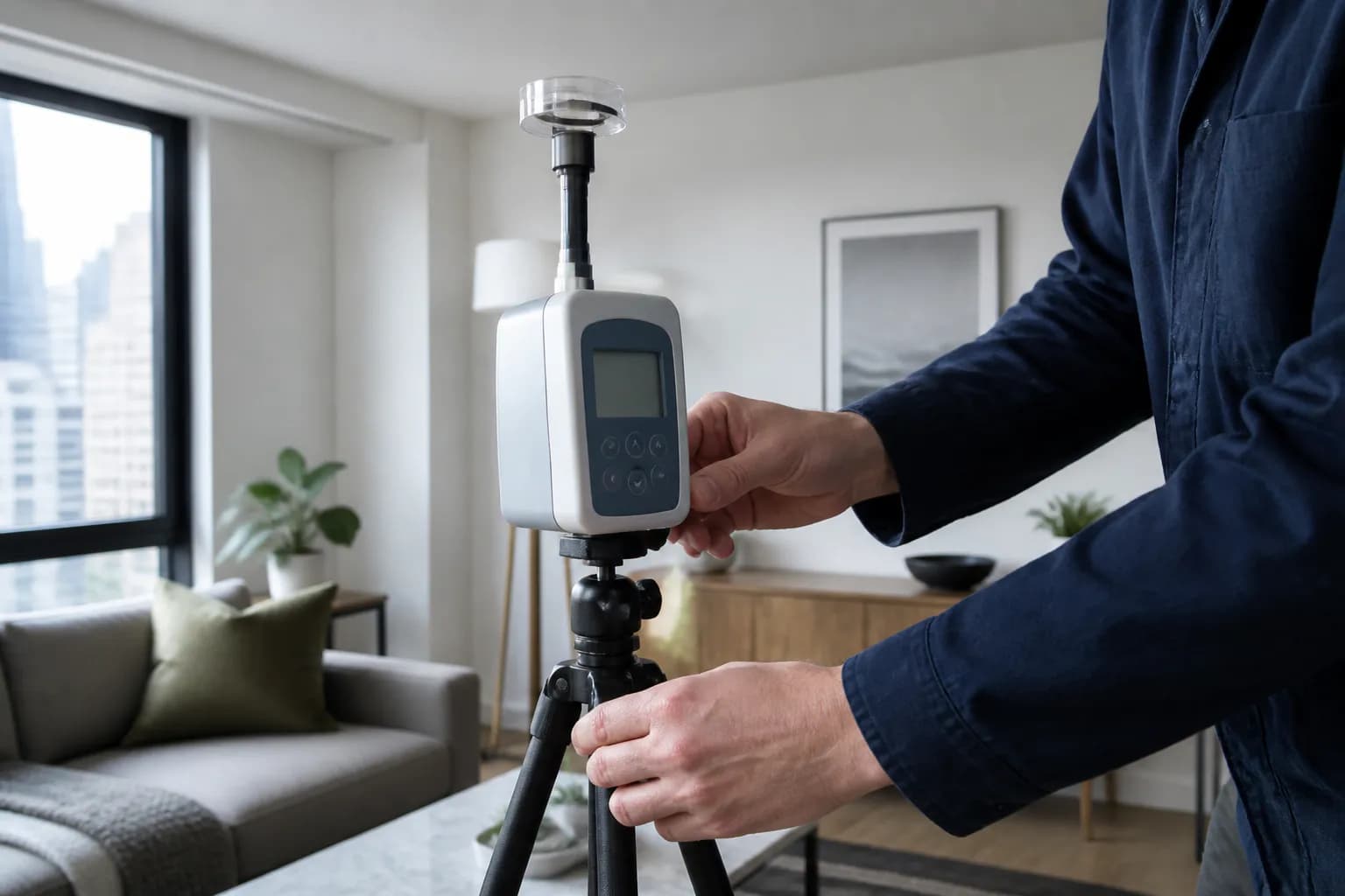 Technician positioning indoor air sampling equipment in an apartment