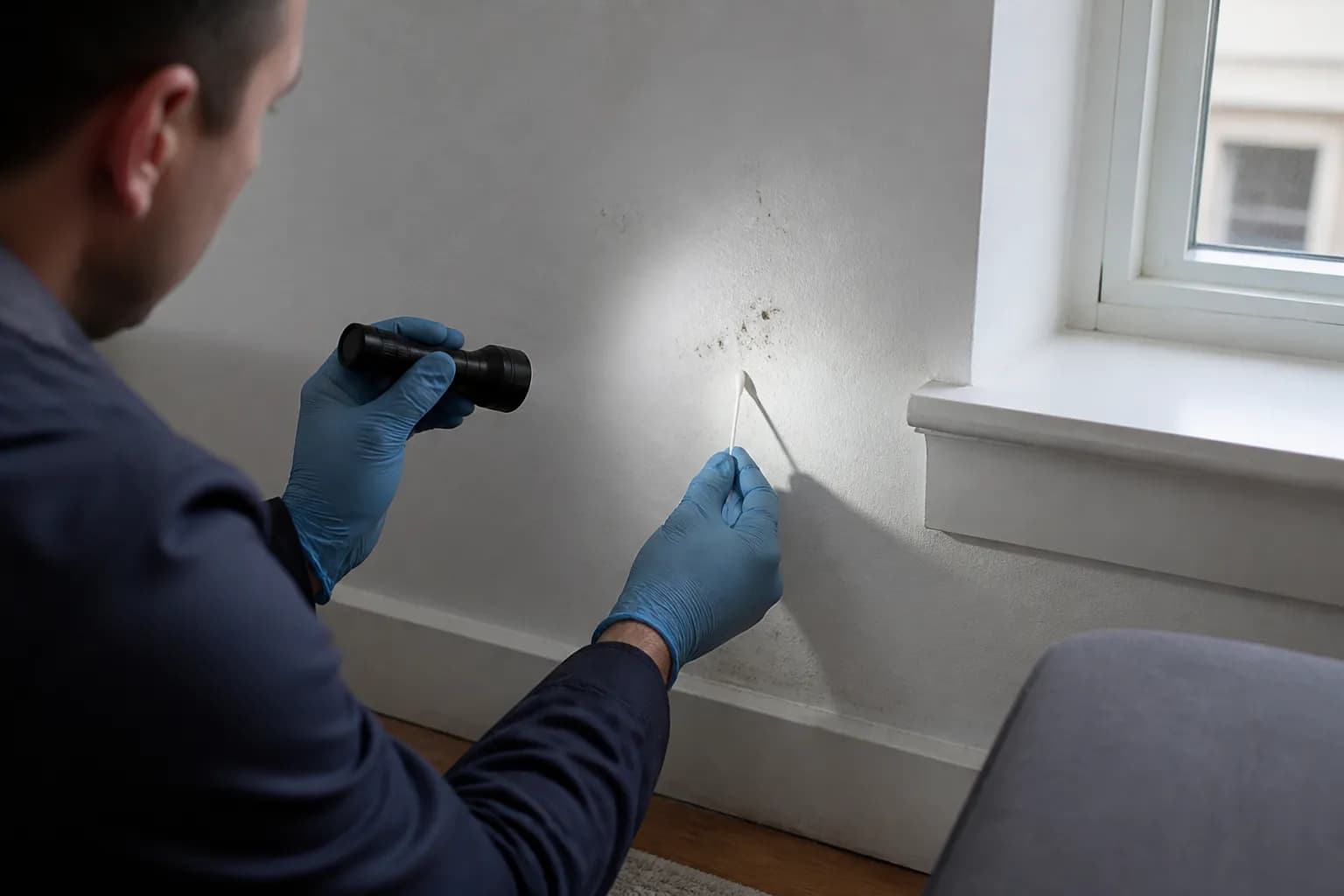 Inspector collecting a mold sample near a residential window