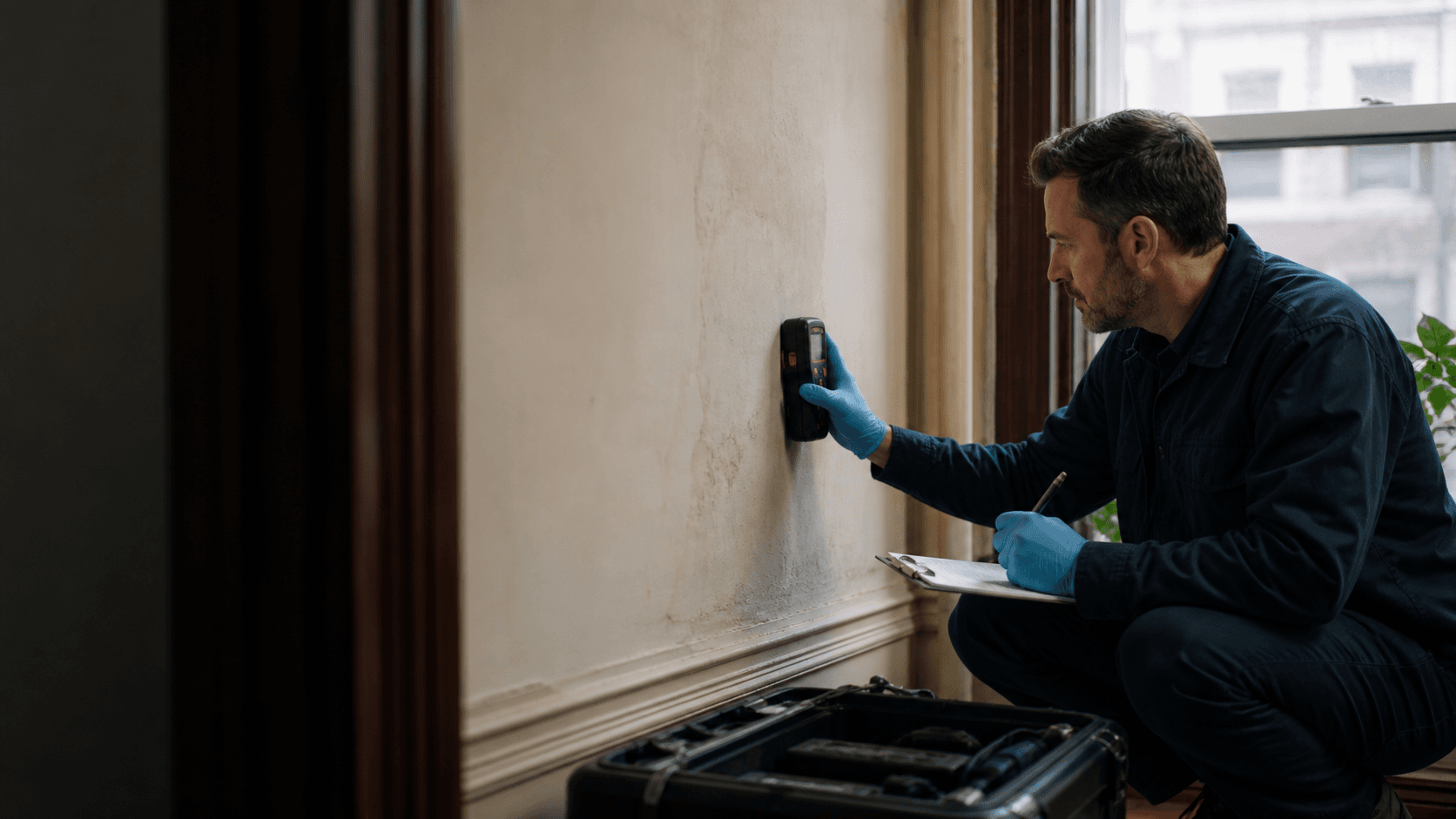Inspector documenting moisture evidence in a New York home