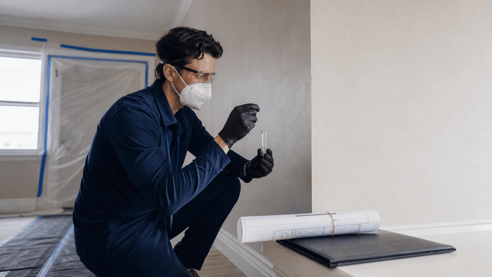 Independent asbestos inspector collecting a controlled building material sample before abatement