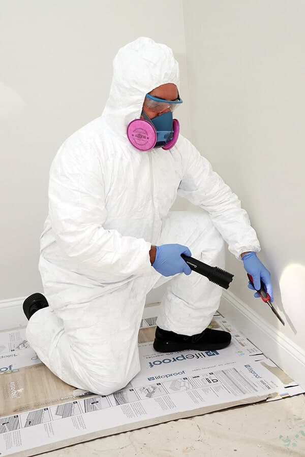Inspector in full PPE kneeling to collect a sample near a baseboard