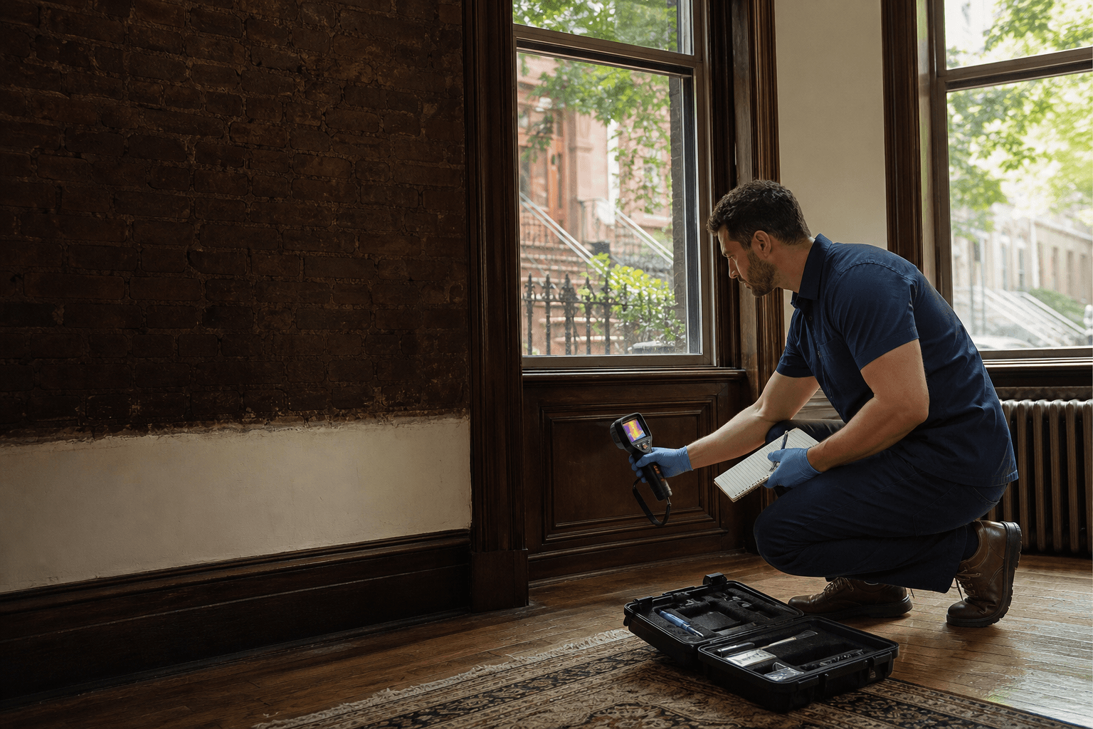 Independent inspector documenting moisture conditions in a Brooklyn brownstone