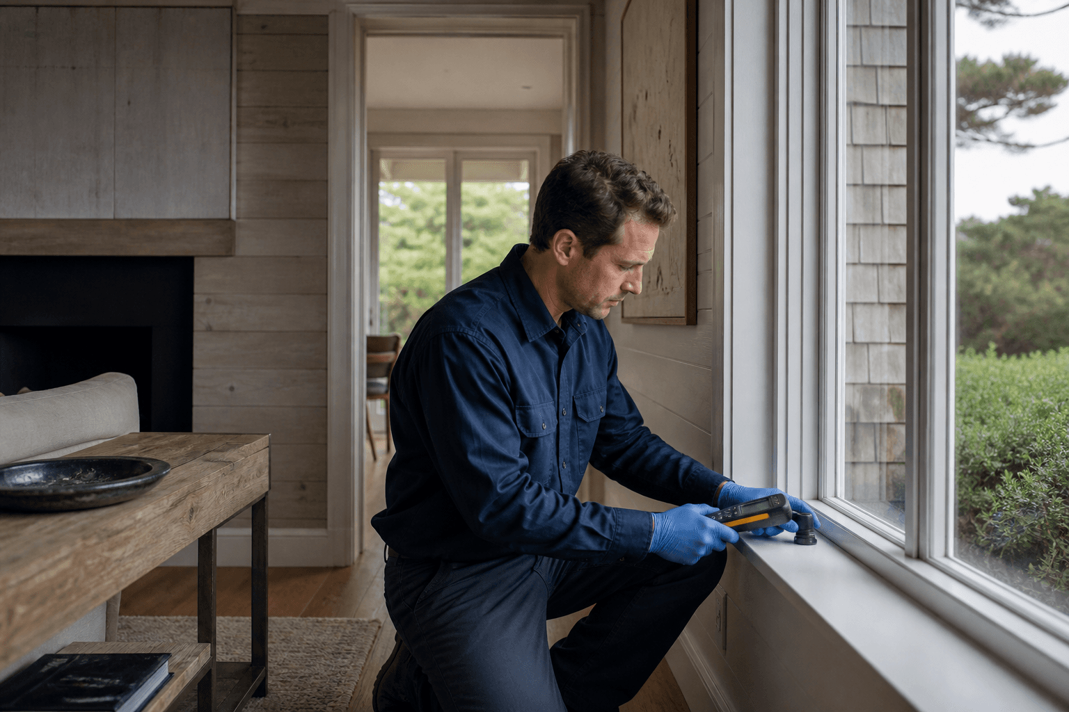 Independent inspector checking a window sill in an East Hampton coastal residence