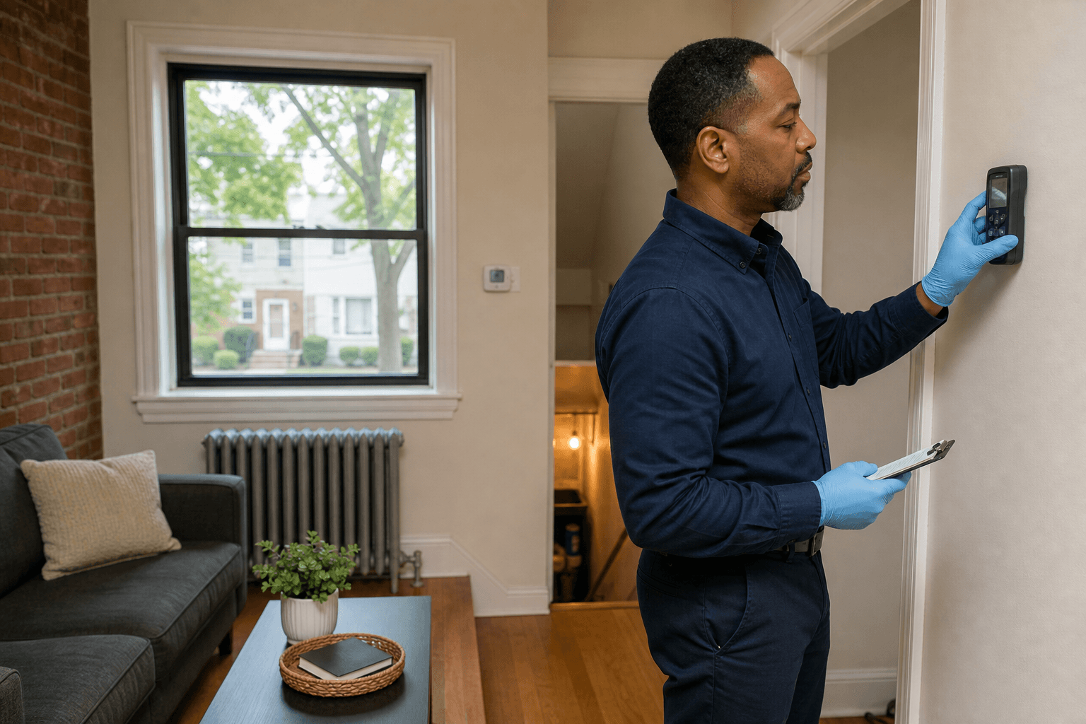 Independent inspector documenting wall conditions in a Hempstead residence