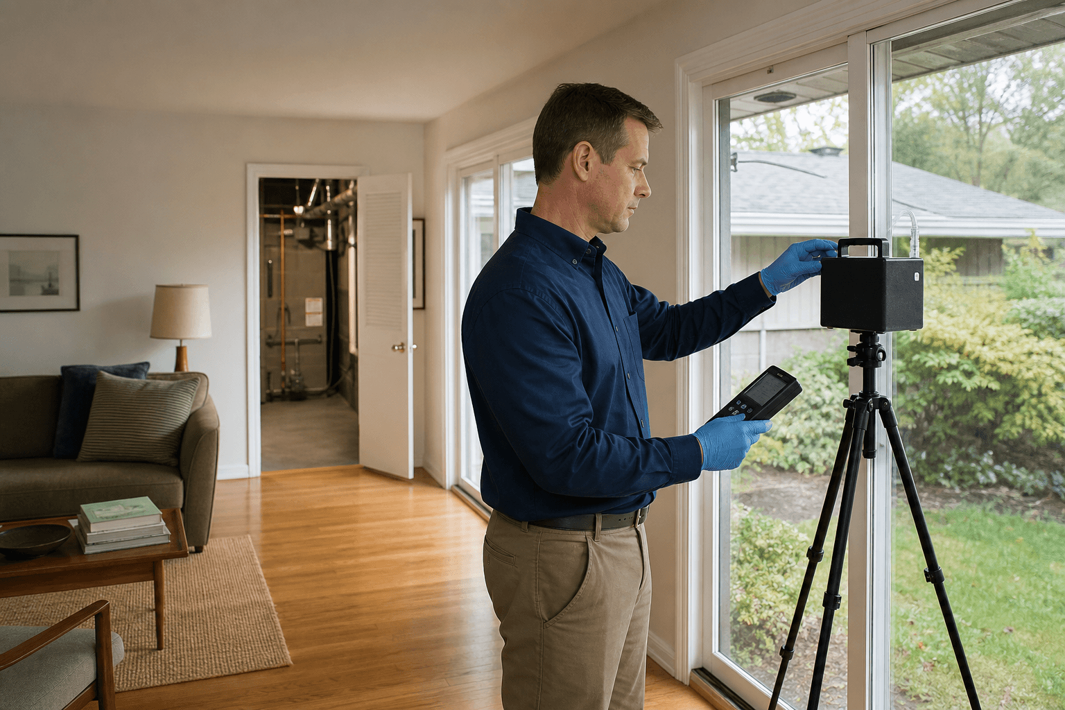 Independent inspector setting up indoor air sampling in a Lake Grove home
