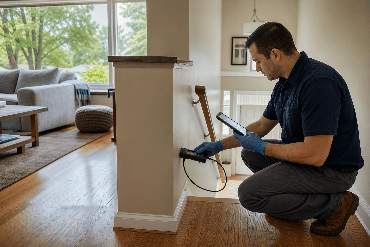 Independent inspector checking concealed moisture in a Long Island home