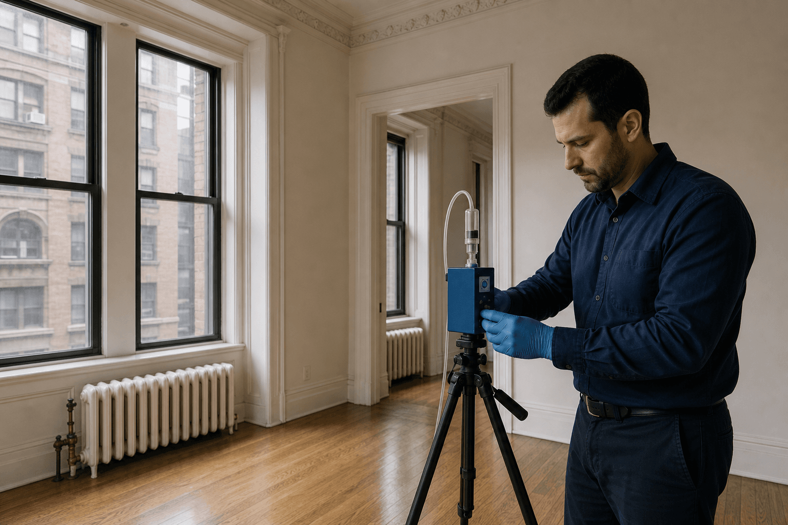 Independent inspector setting an air sampler in a Manhattan prewar apartment