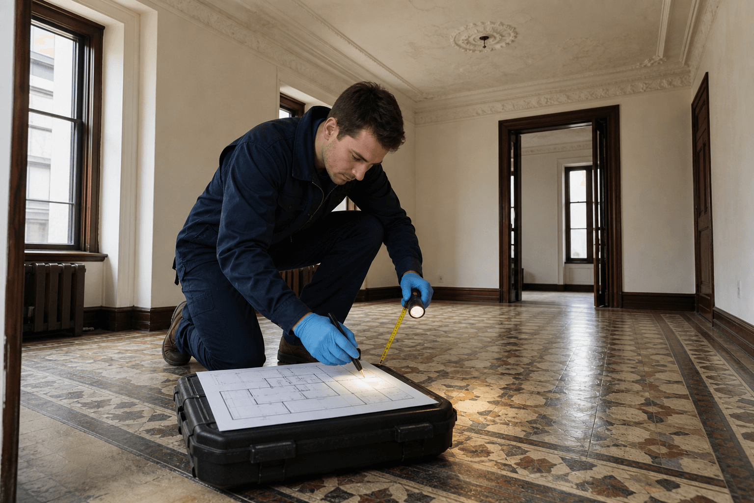 Inspector comparing a pre-renovation material survey with flooring and wall finishes inside a residence