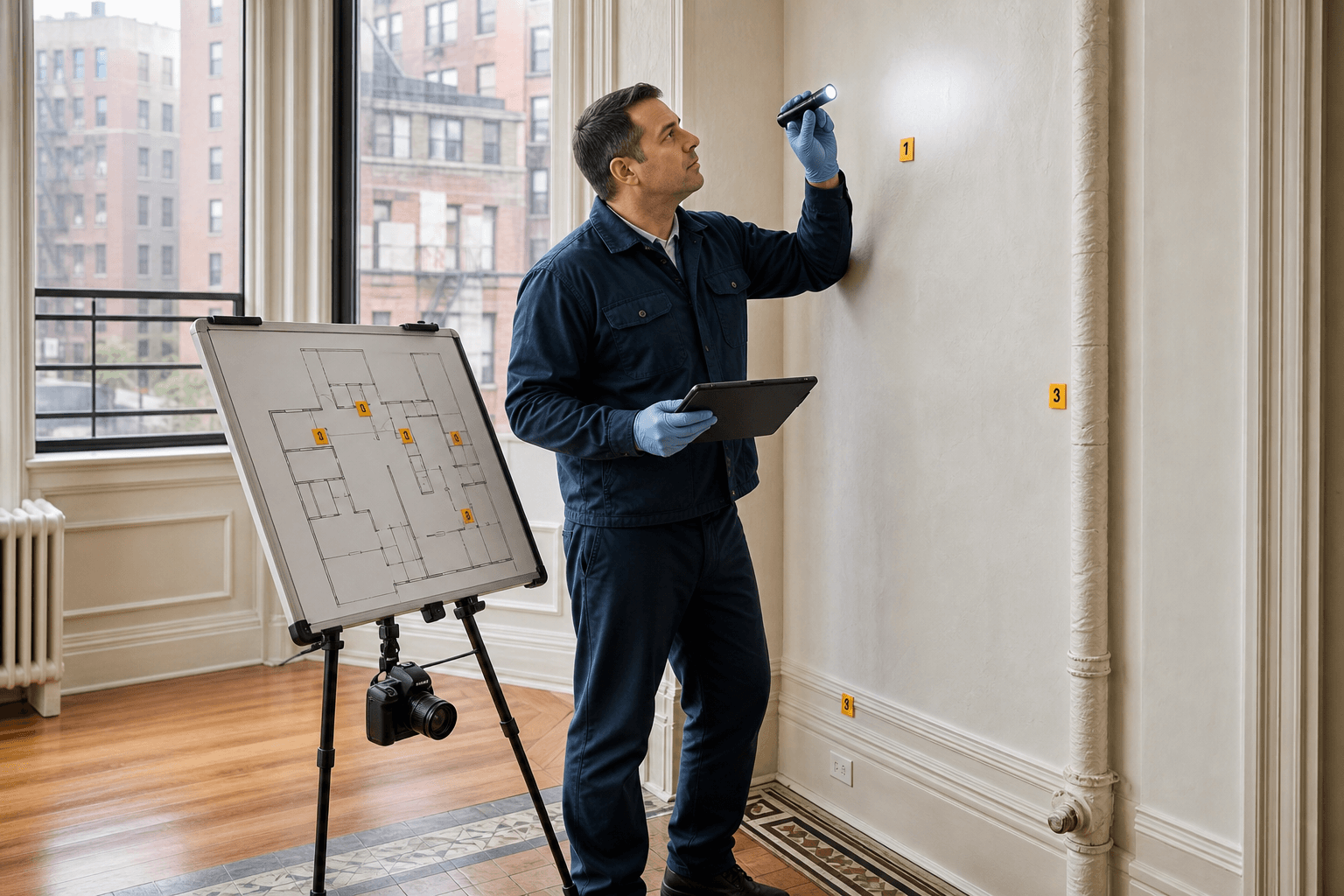 Licensed inspector surveying suspect building materials against renovation plans in a New York City apartment