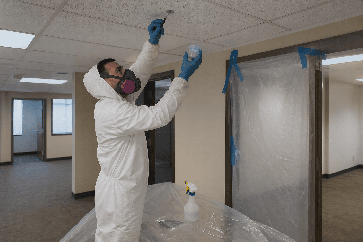 Inspector in protective equipment collecting a controlled sample from suspect ceiling material