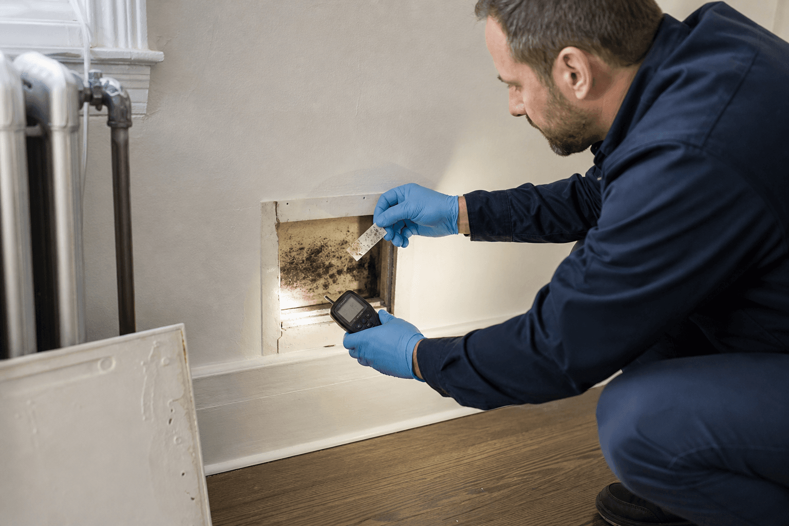 Inspector documenting localized dark growth and collecting a targeted sample at an interior access panel