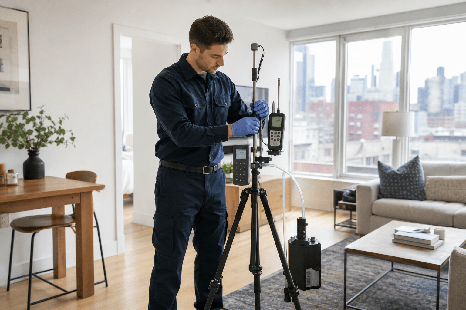 Indoor air specialist calibrating professional sampling instruments in a New York apartment