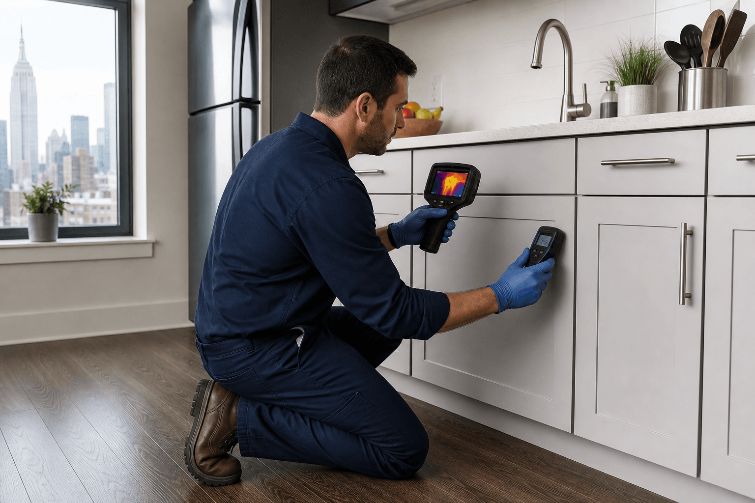 Inspector using thermal imaging and a moisture meter to trace hidden dampness beside kitchen cabinetry