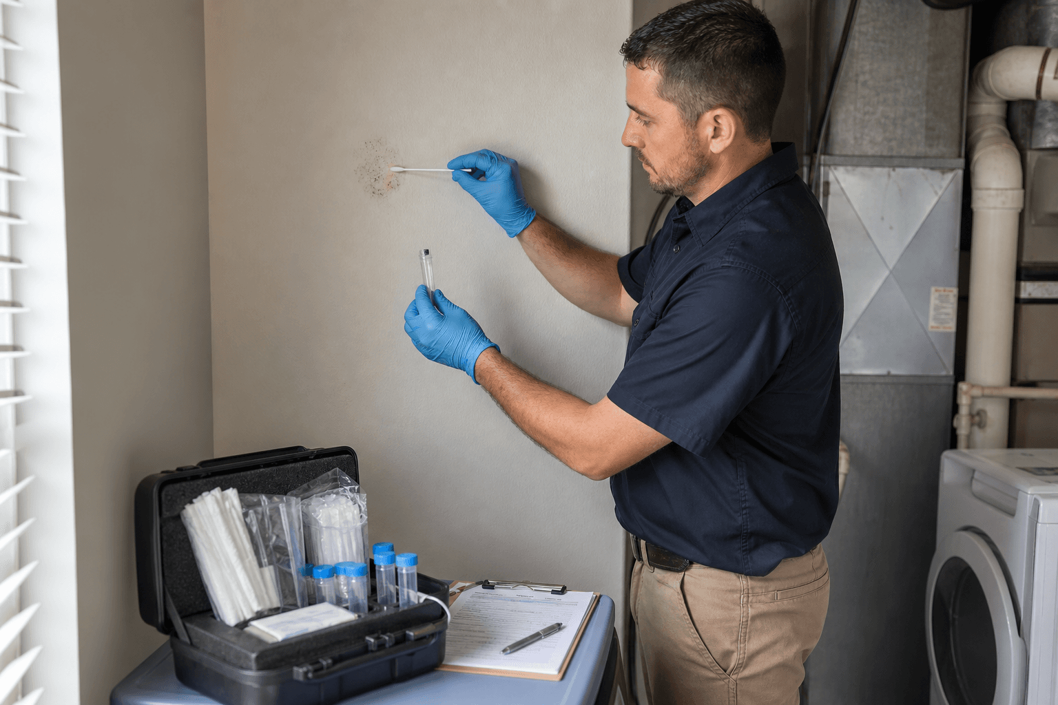 Inspector collecting a controlled swab sample from a specific surface and preparing labeled sample tubes