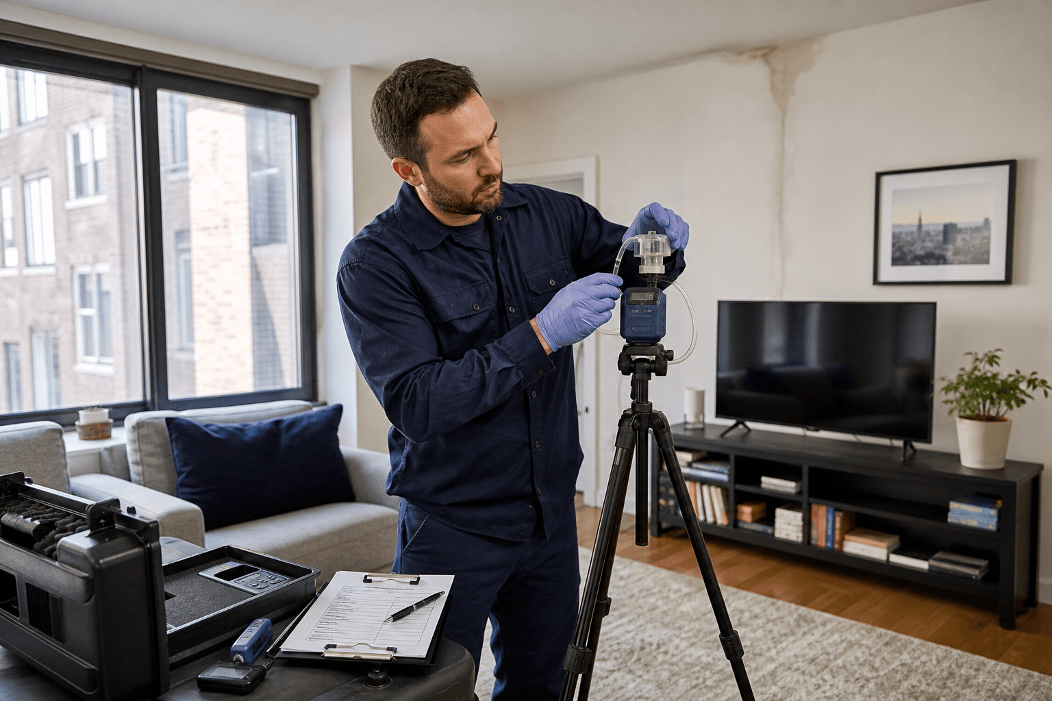 Inspector setting up a calibrated mold air-sampling pump inside a residential room