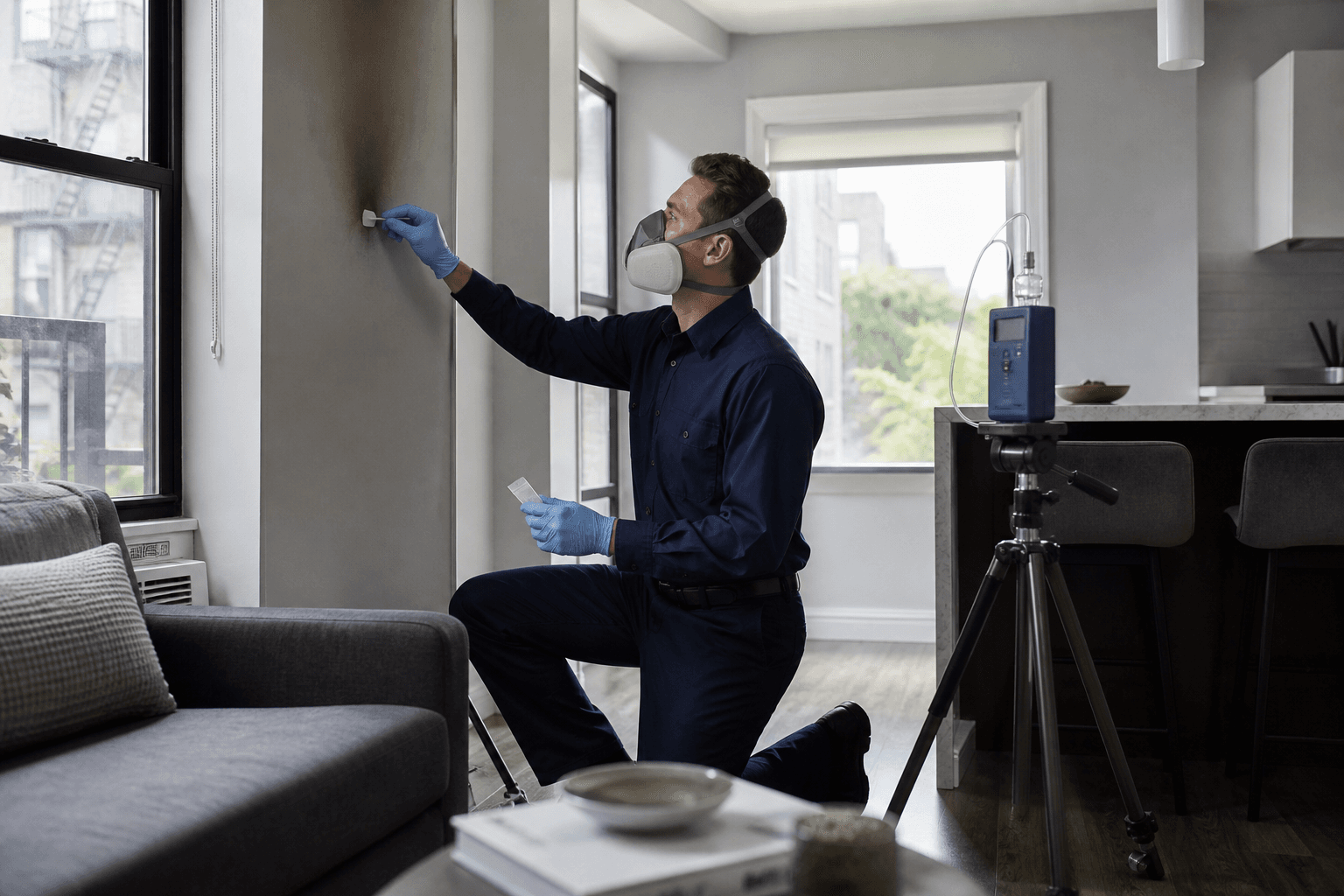 Inspector collecting a soot-residue wipe while an air sampler runs in a smoke-affected apartment