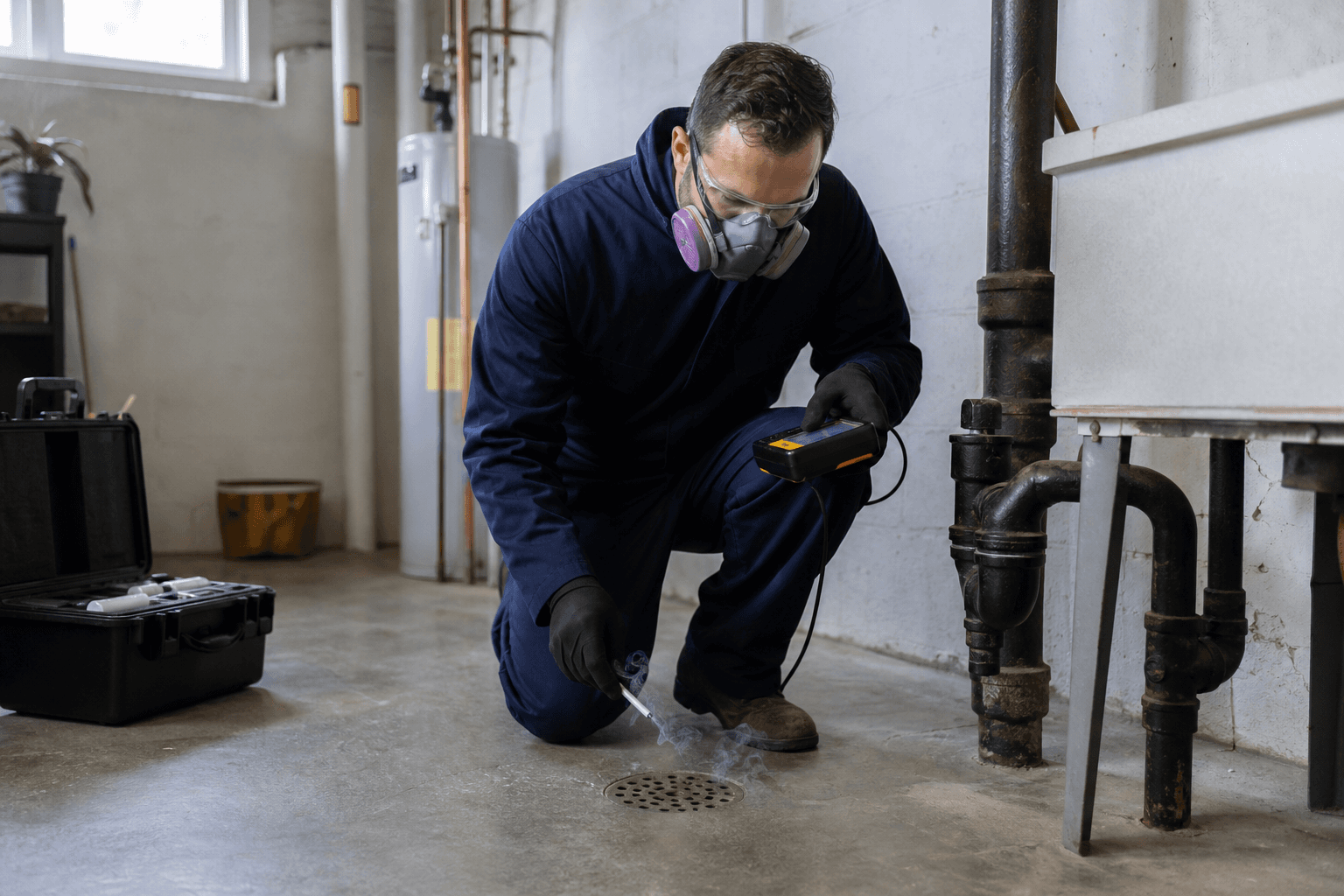 Inspector tracing airflow and gas readings around a basement floor drain and adjacent plumbing