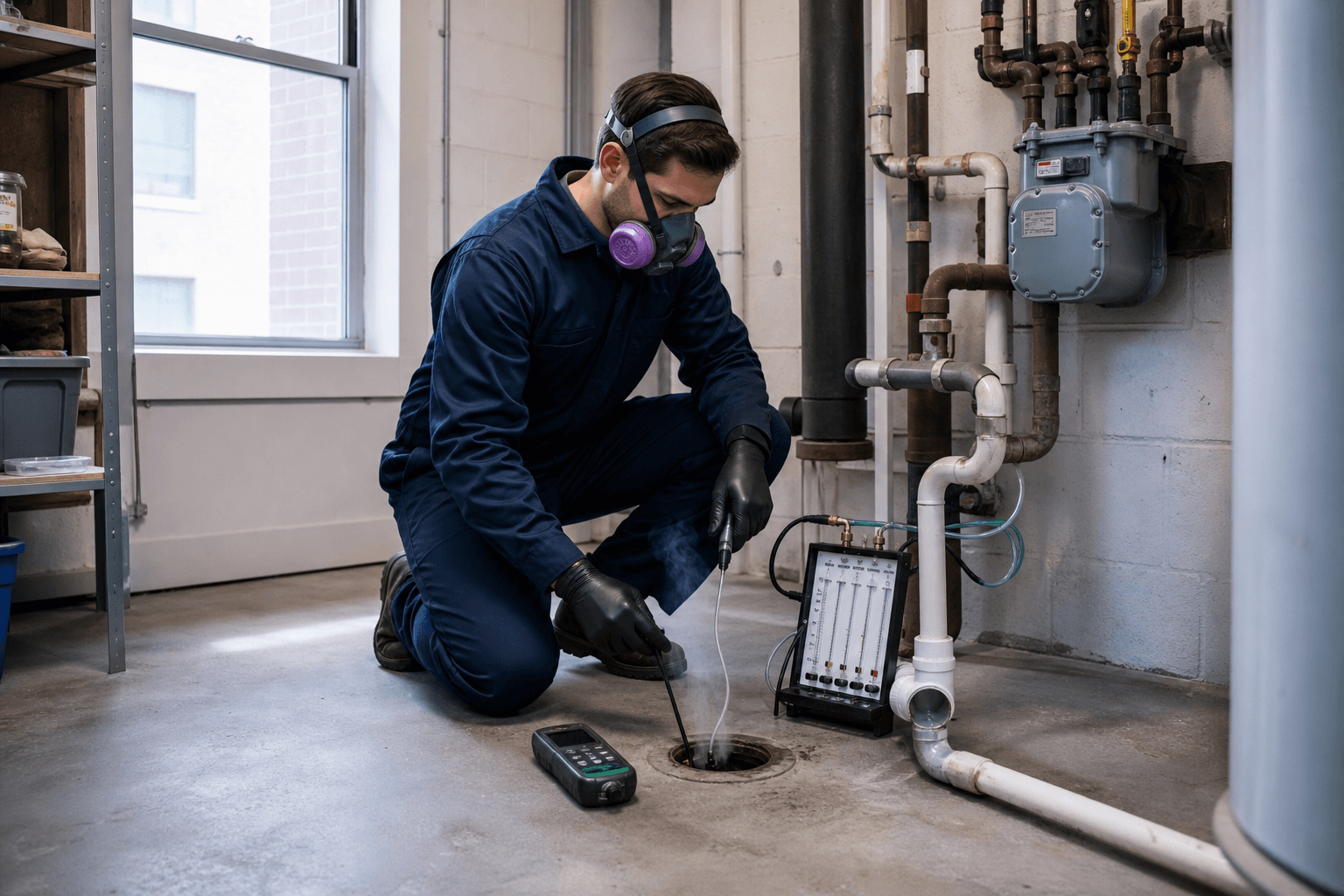 Inspector conducting a controlled tracer-smoke and pressure test at a building drain and plumbing trap