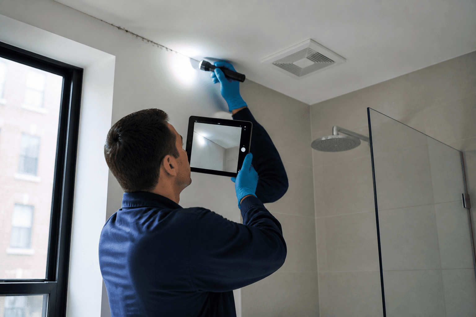 Inspector using a flashlight and tablet to document visible conditions around a bathroom ceiling
