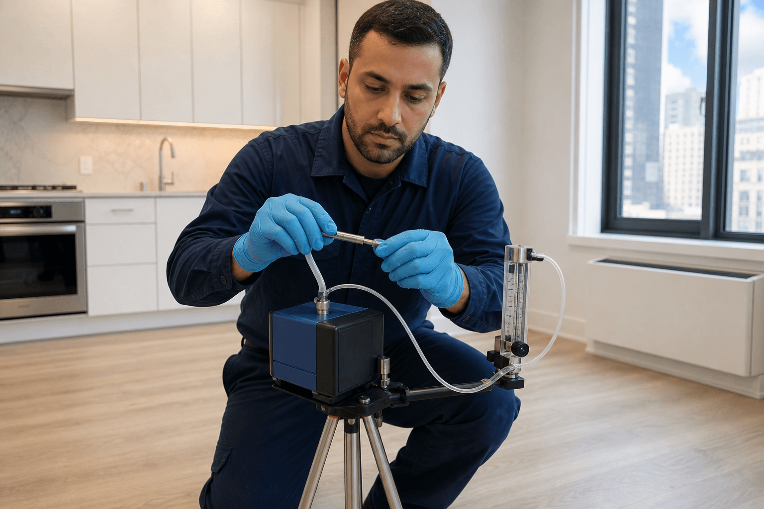 Indoor air specialist preparing a calibrated VOC sampling pump in a furnished apartment