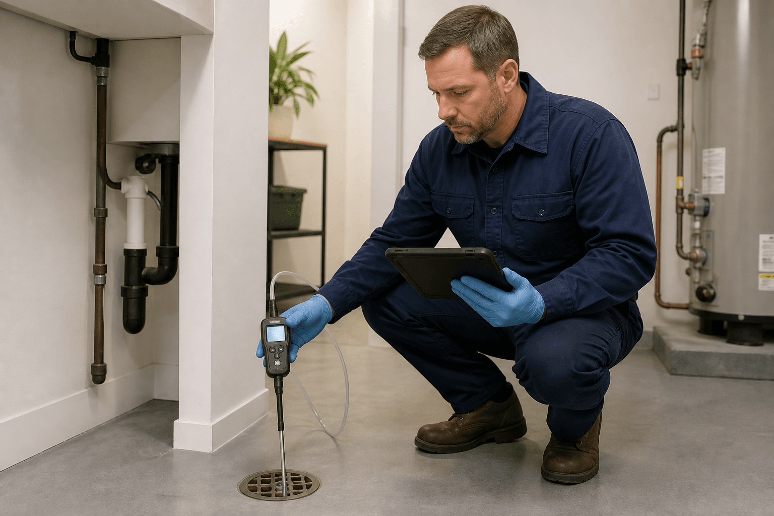 Environmental technician tracing a suspected gas pathway with a calibrated detector