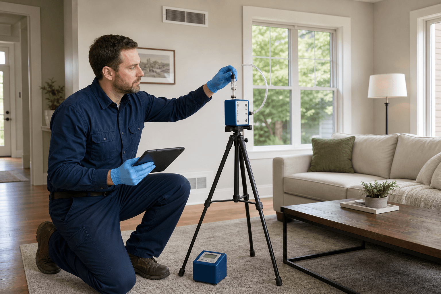 Environmental technician setting up calibrated indoor air sampling equipment