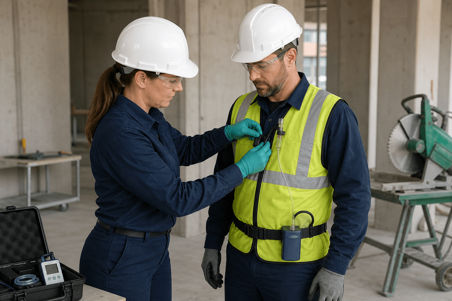 Industrial hygienist fitting a worker with personal silica sampling equipment