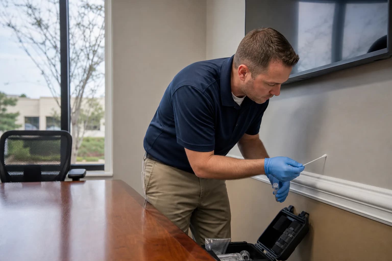 Risks of Delaying Mold Surface Sampling, shown in a professional environmental inspection setting