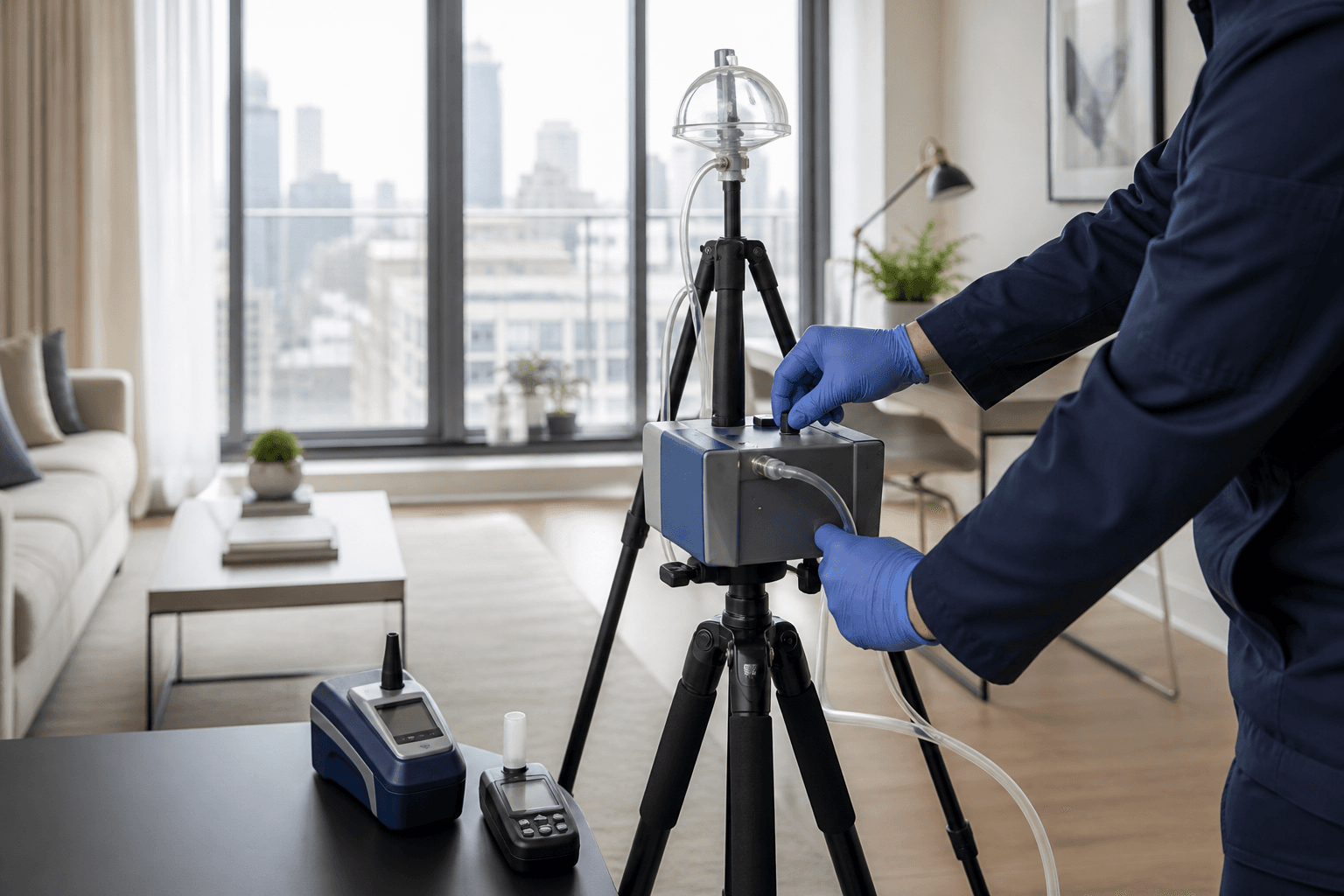 Environmental inspector adjusting calibrated indoor air sampling equipment