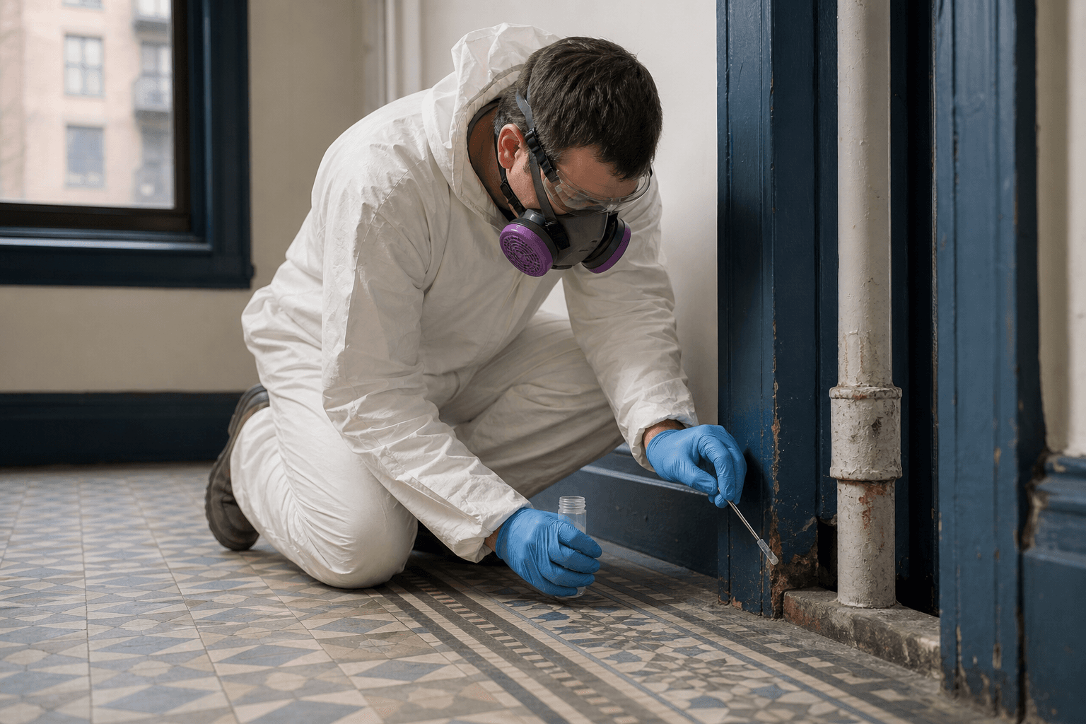 Licensed inspector carefully collecting a small sample from older building material