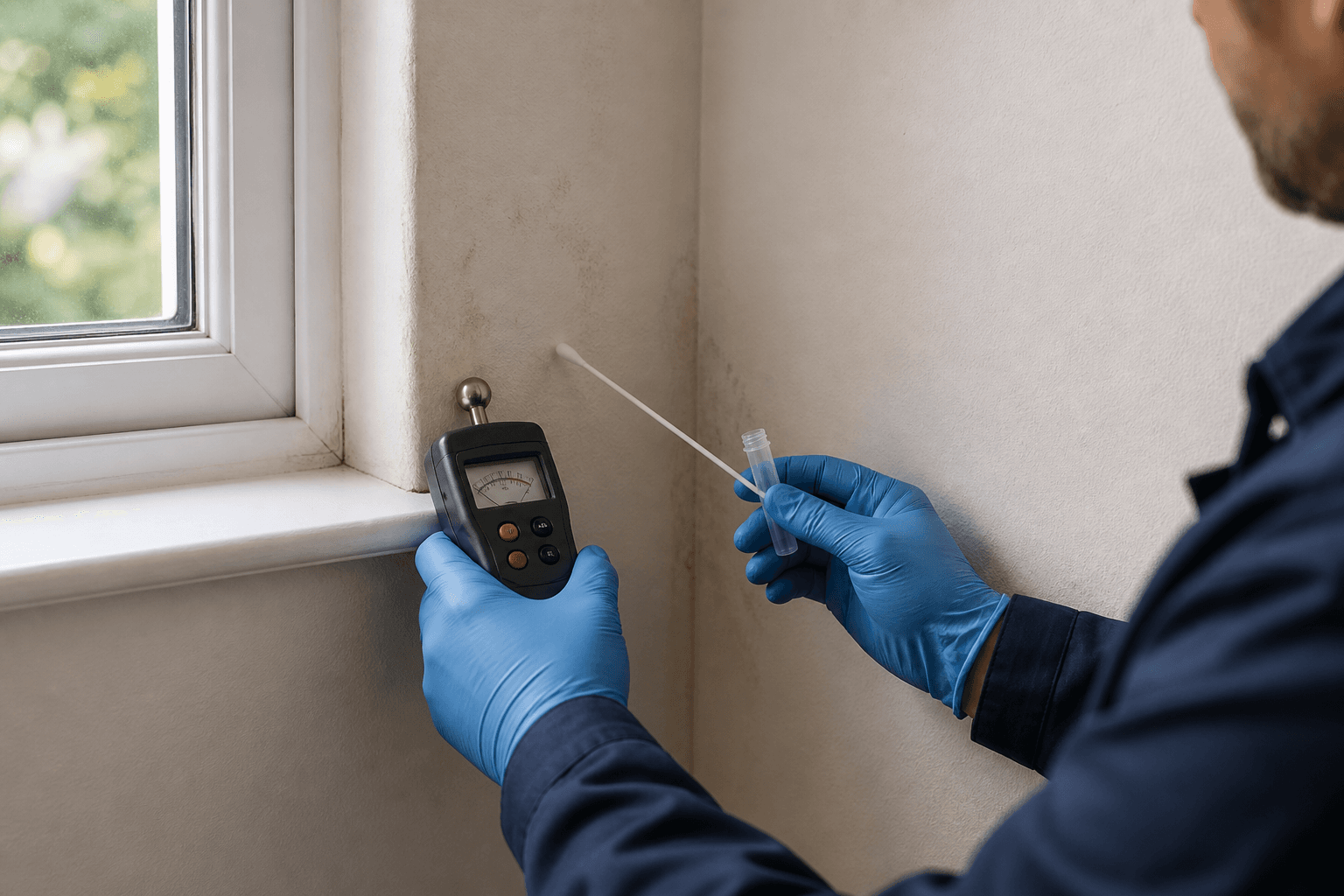 Inspector measuring moisture and collecting a controlled surface sample near a residential window