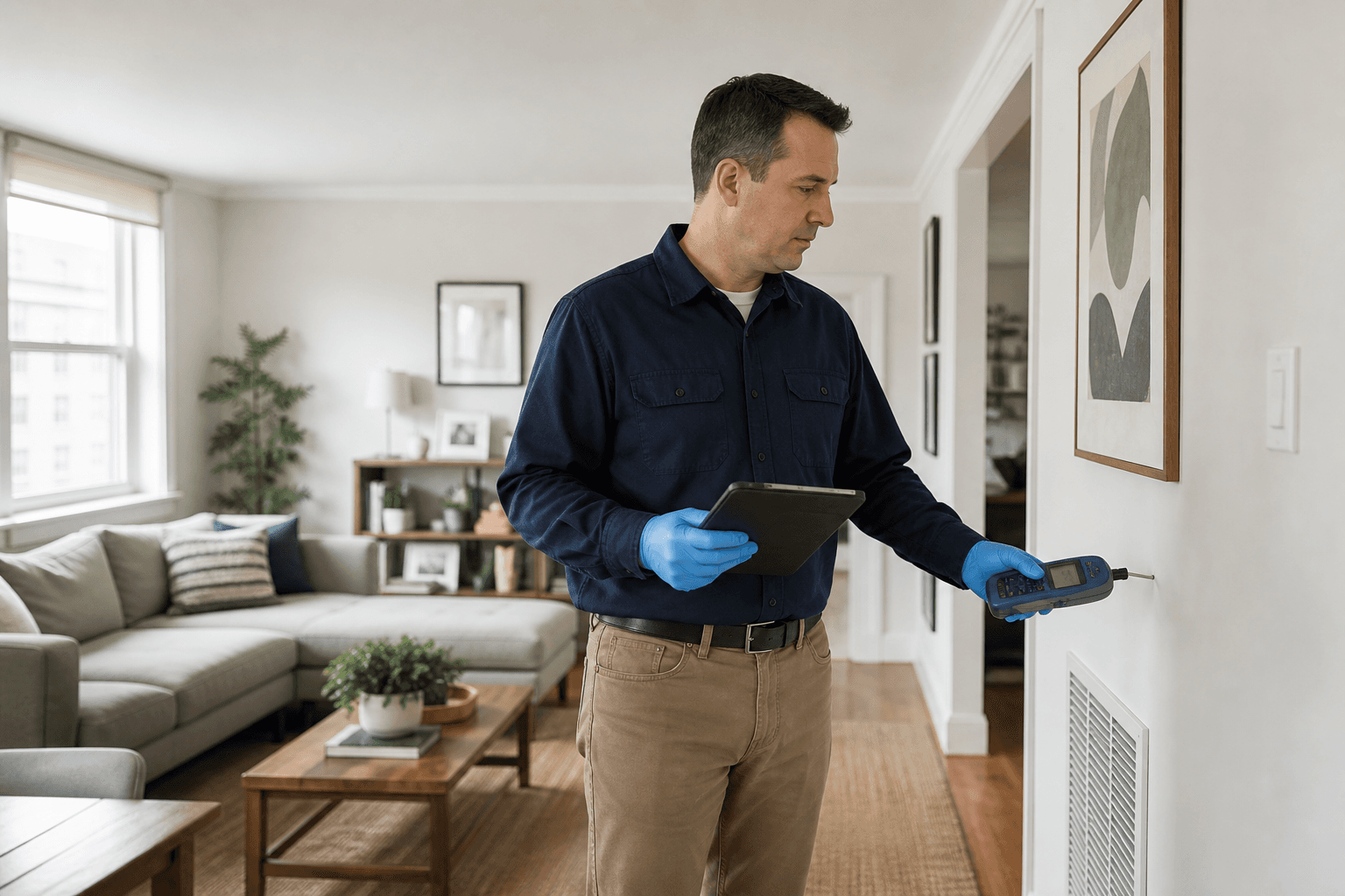 Environmental inspector documenting indoor air quality readings in a New York apartment